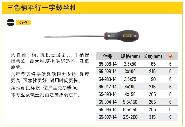 STANLEY/史丹利 三色柄平行一字螺丝批2.5*50mm 65-006-14 65-006-14