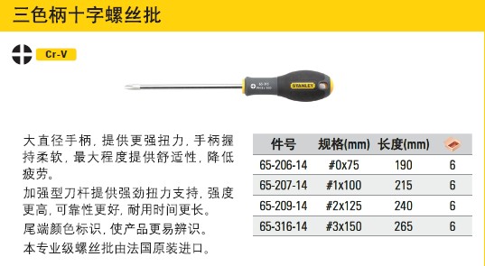 STANLEY/史丹利 三色柄十字螺丝批 65-206-14 207 209 316 螺丝刀 65-206-14 207 209 316